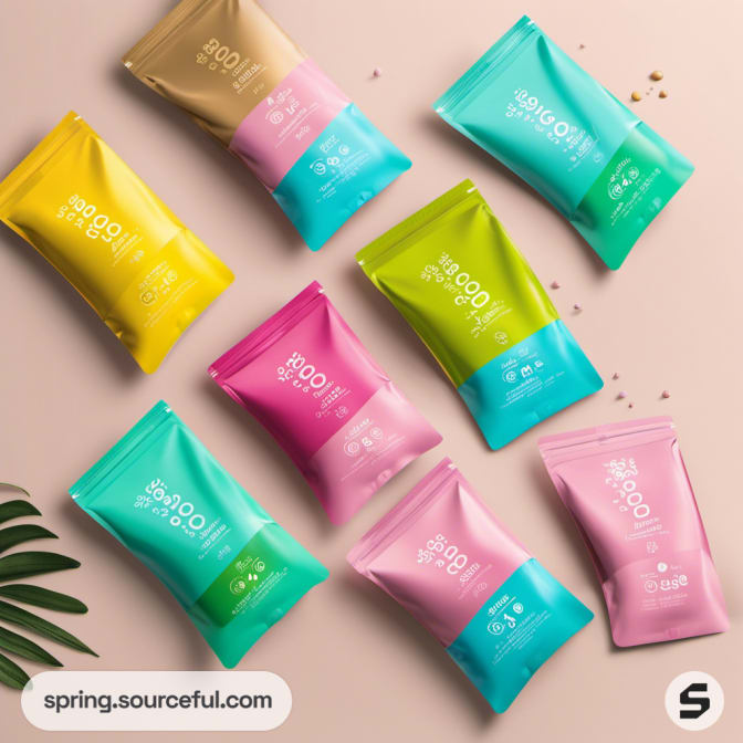 Eight pouches in bright pink, green, and yellow colors, scattered on a pink surface.