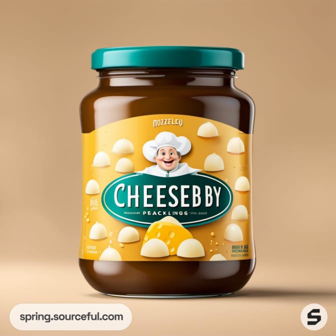 Jar of 'Cheesebby' mozzarella balls with teal lid on beige background.
