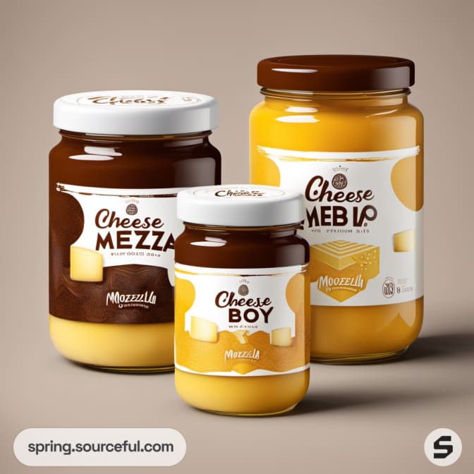 Three jars labeled 'Cheese Mezza,' 'Cheese Boy,' and 'Cheese Meblo' with brown and mustard packaging.