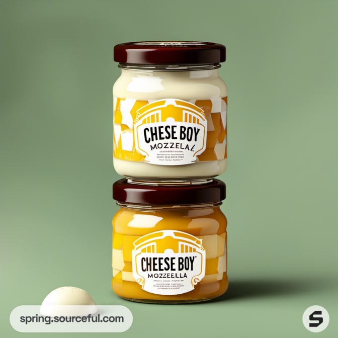 Two stacked jars labeled 'Cheese Boy Mozzella' with cream and mustard designs.