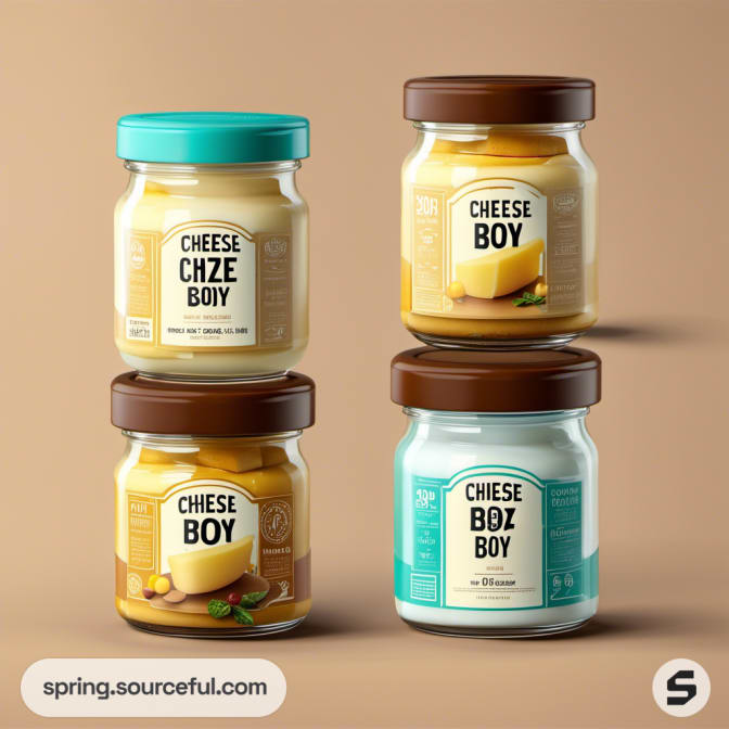 Four small jars labeled 'Cheese Chze Boy,' each with different brown or teal lids.
