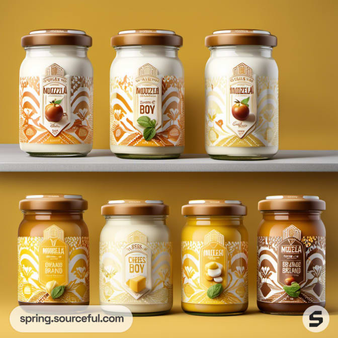 Six jars of mozzarella with decorative labels, featuring herbs and spices, on yellow background.