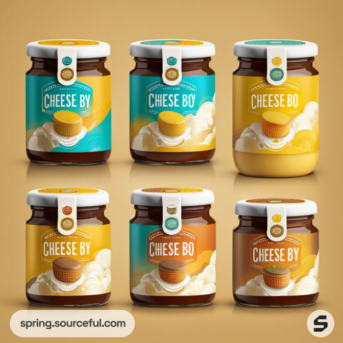 Six jars of 'Cheese By' with blue and yellow design and white seals on top.