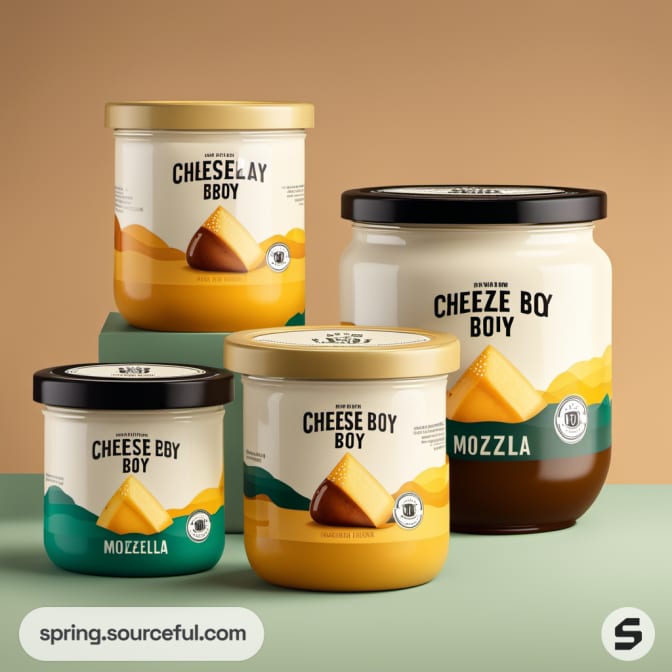 Four jars labeled 'Cheeze Boy Boy' in black and teal with geometric designs.
