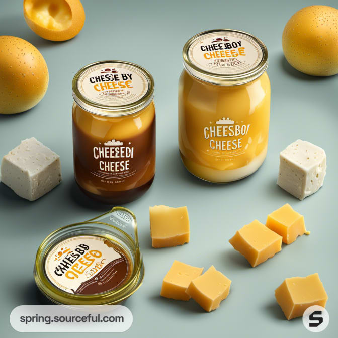 Three jars of cheese spread labeled 'Cheese By' and 'Cheesbot,' with cheese cubes and balls.