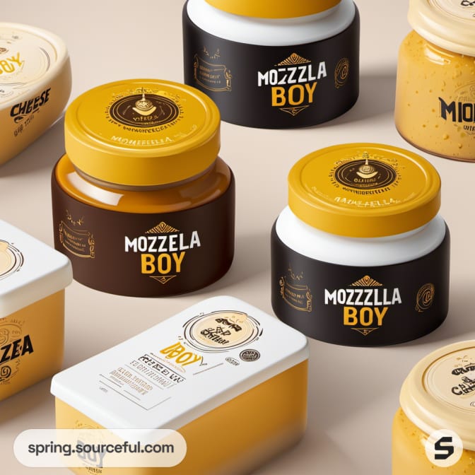 Various jars labeled 'Mozzla Boy,' 'Cheezza,' and 'Mozzilla Boy' with yellow and black lids.