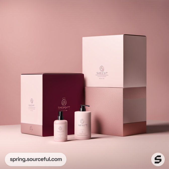 Elegant skincare packaging with bottles and boxes in pink hues.