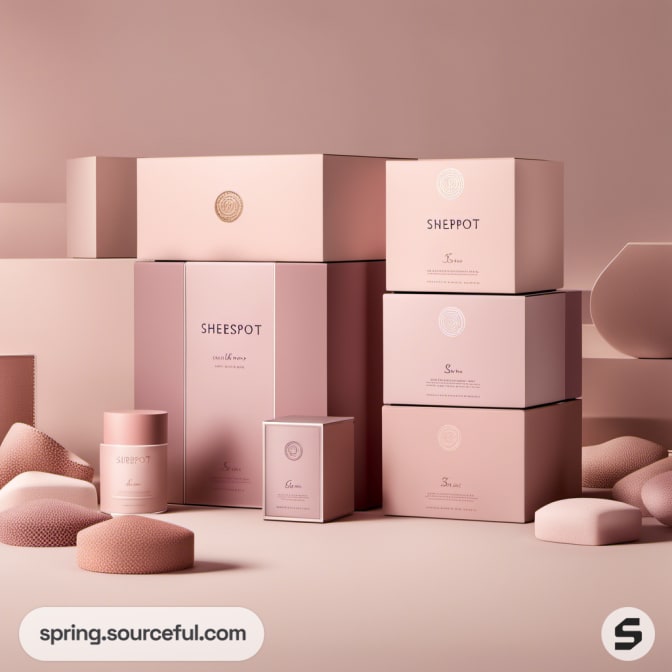 Luxurious pink boxes with subtle designs and cosmetics.