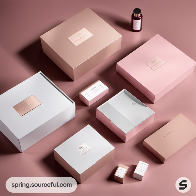 Assorted pink packaging boxes and small containers on a table.