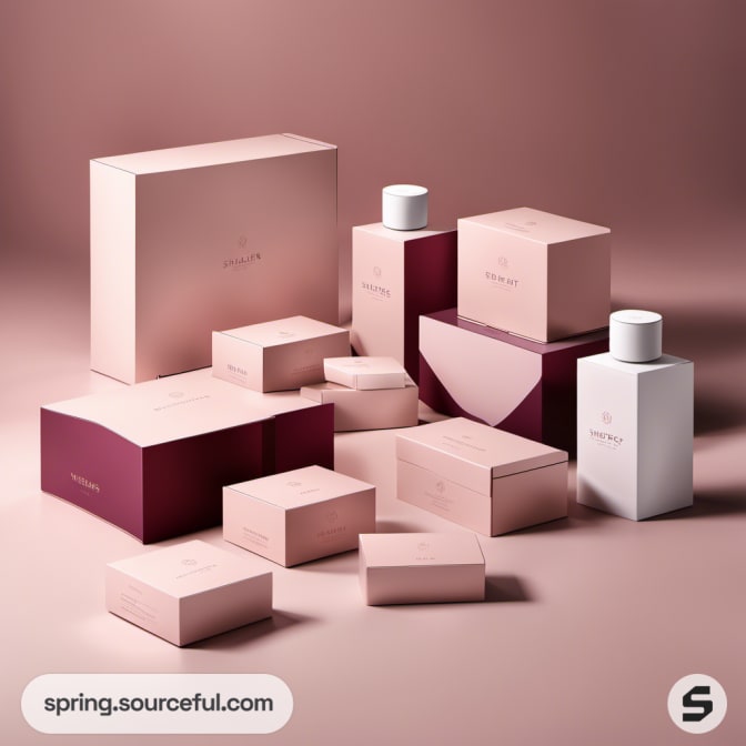 Various pink and maroon packaging boxes and bottles arranged.