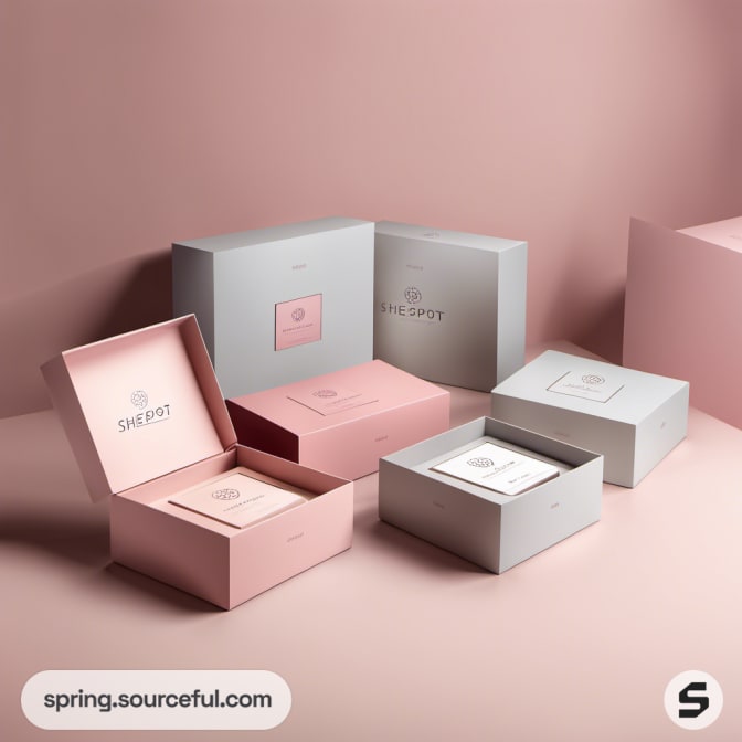 Open pink and gray boxes with elegant minimalist design.