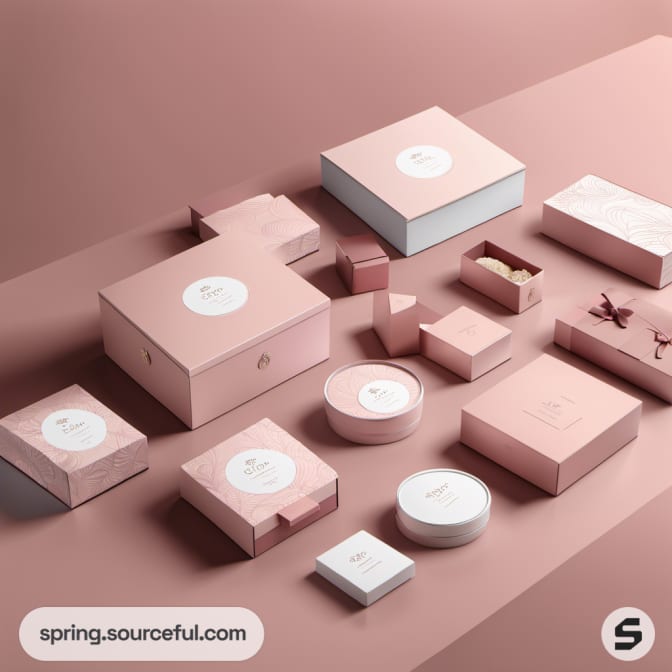 Diverse pink packaging with round and square shapes.