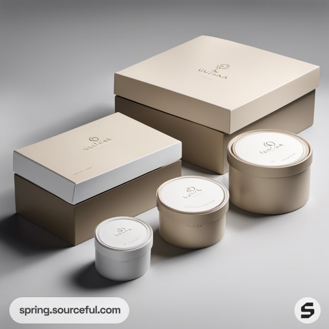 Beige boxes with matching cylindrical containers.