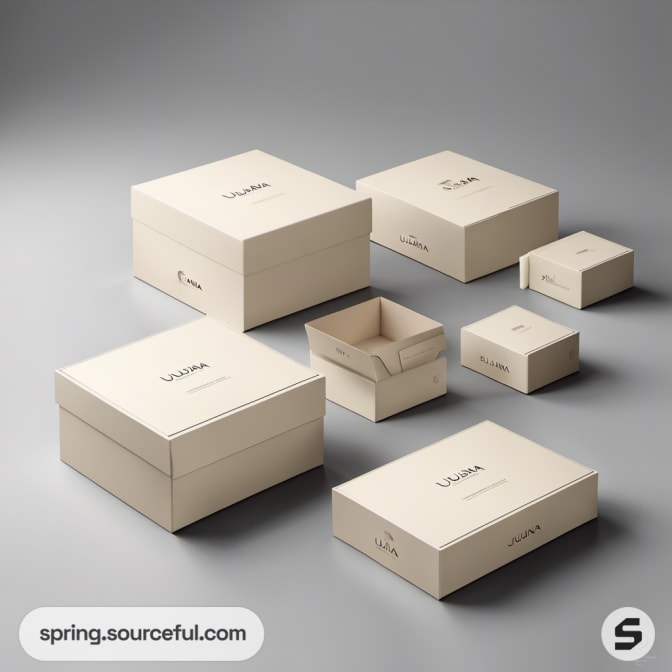 Beige boxes of different sizes on gray surface.