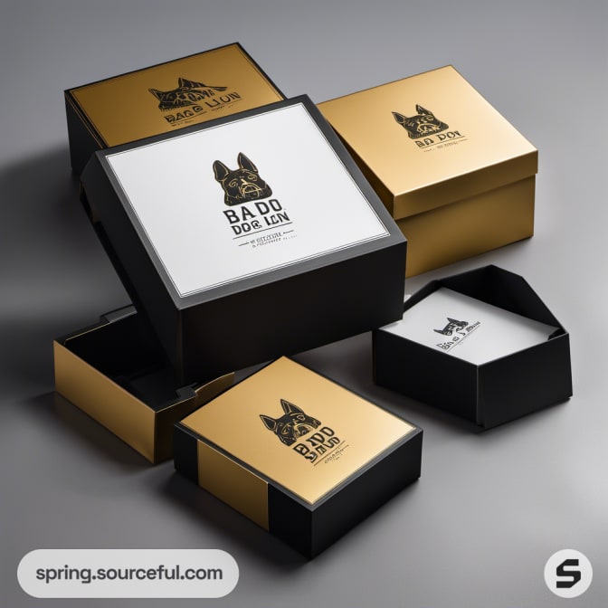 Black and gold luxury boxes with dog illustration, elegant packaging design.