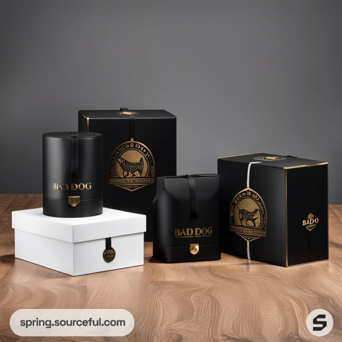 Black cylindrical boxes with gold accents, elegant 'Bad Dog' branding.