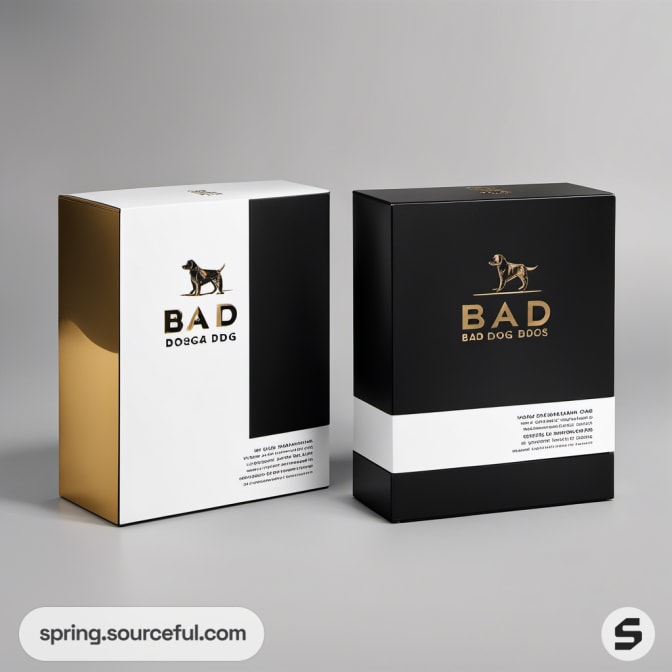 White and black rectangular boxes with minimalist 'Bad Dog' branding, elegant style.