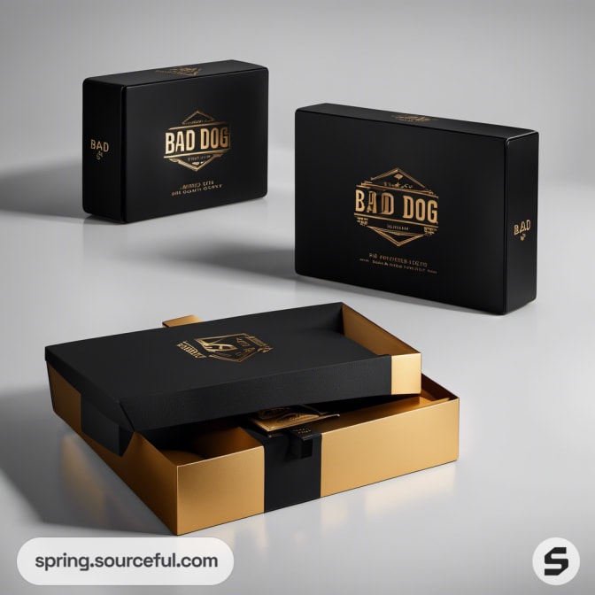 Luxurious black and gold rectangular boxes, sophisticated packaging design.