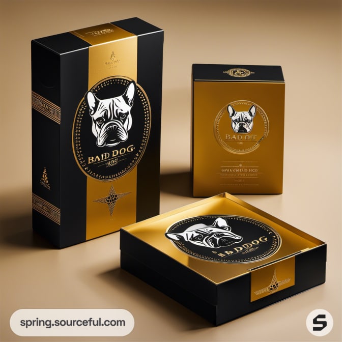 Black and gold boxed packaging with bulldog illustration, elegant presentation.