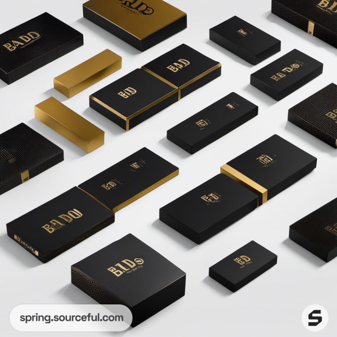 Array of black and gold rectangular boxes with minimalistic 'B&DD' branding.