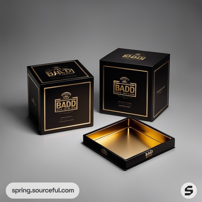 Black square boxes with gold interiors, luxurious 'Badd' branding design.