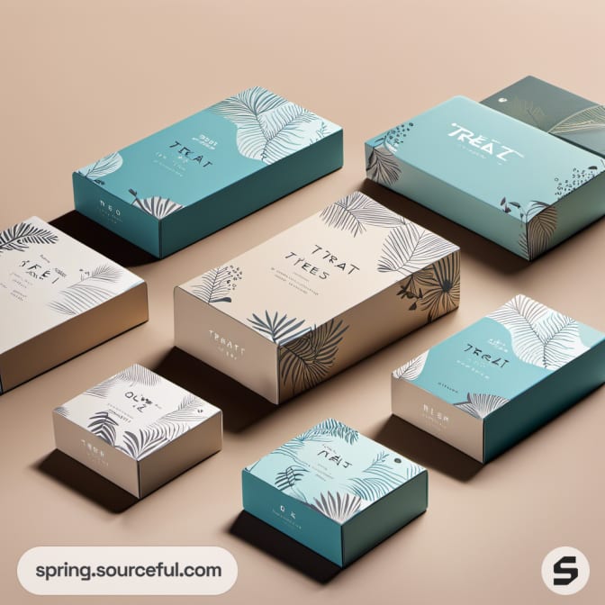 Teal and beige box packaging with leaf patterns on a beige background.