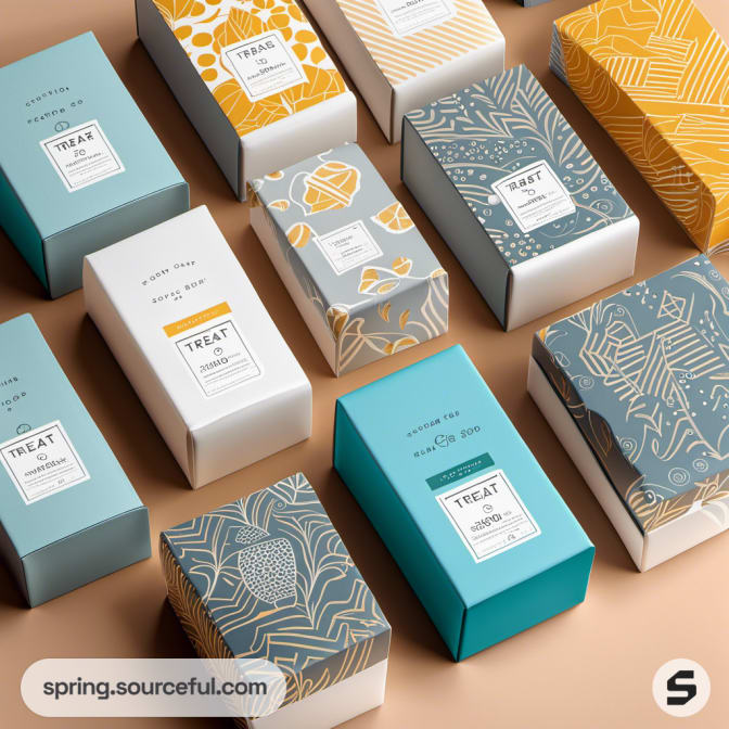 Assorted colorful box packaging with intricate patterns on a beige surface.