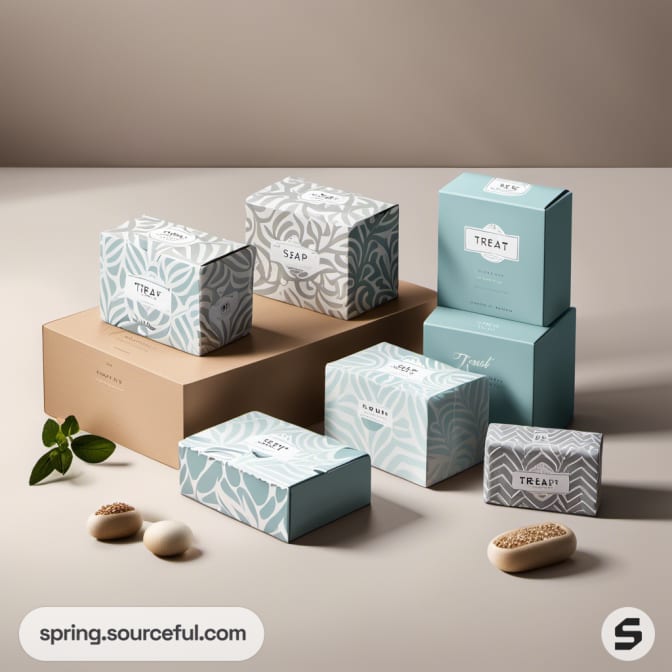Elegant boxes in pastel colors and patterns on a neutral background.