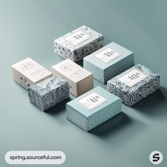 Light blue and white boxes with delicate plant patterns on a teal background.