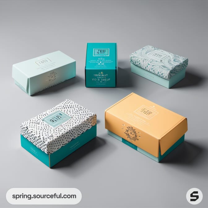 Varied boxes with floral and abstract designs on a gray surface.