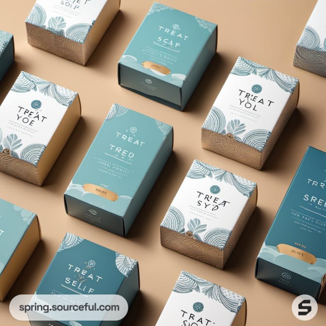 Boxes in teal and beige with geometric and plant patterns on a beige background.