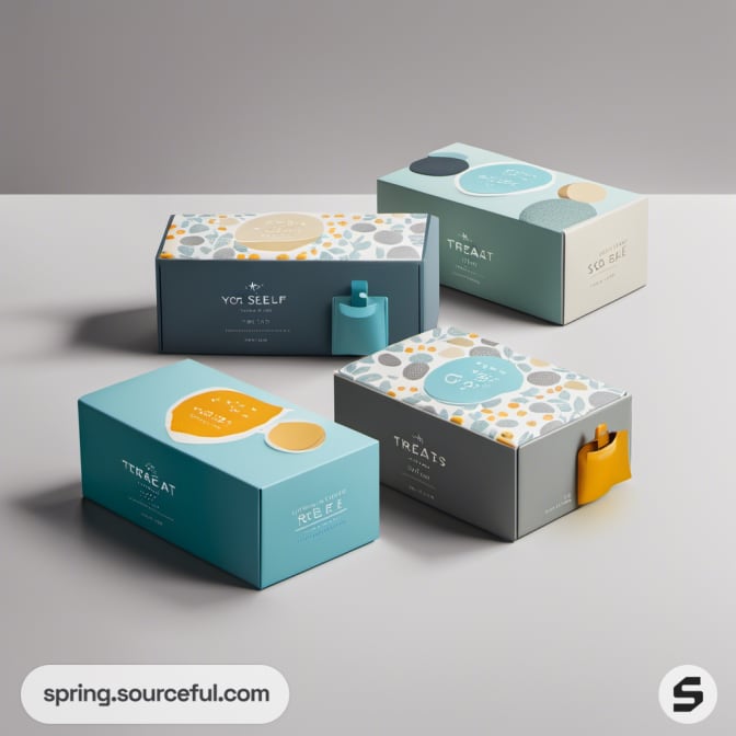 Boxes in muted tones with circular patterns on a gray surface.