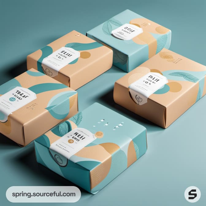 Brown and teal boxes with abstract circular designs on a teal surface.