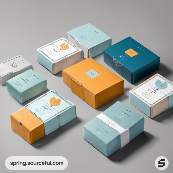 Mixed color boxes with minimalist designs on a gray surface.