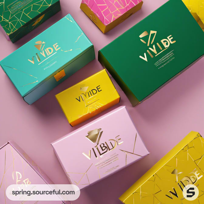 Assorted boxes in teal, yellow, green, and pink with gold accents.