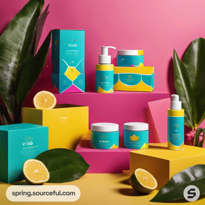 Beauty products on pink platform with tropical leaves and lemons.
