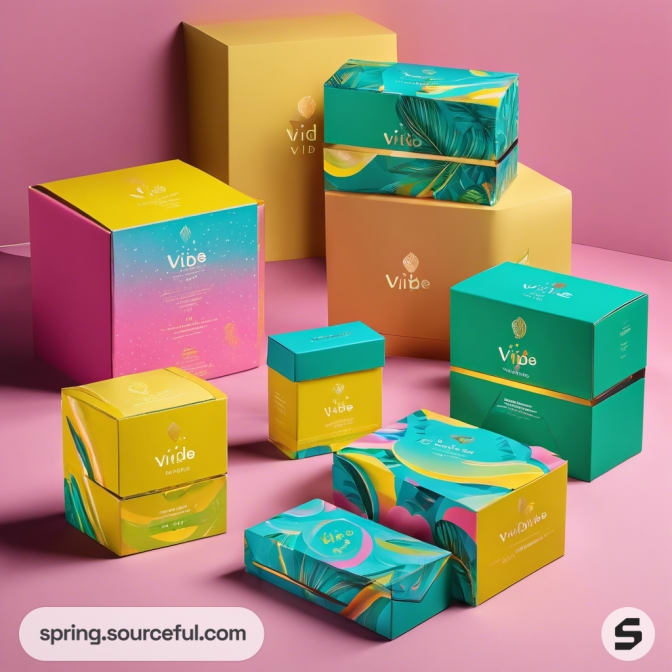 Vibrant packaging in pink, teal, and yellow with abstract patterns.