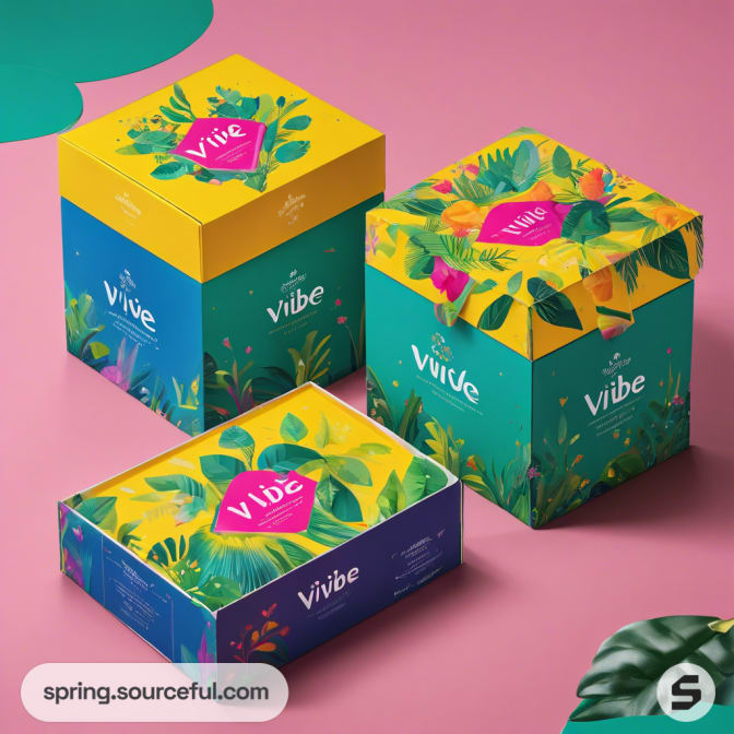 Floral and jungle-themed boxes in vivid colors on pink background.