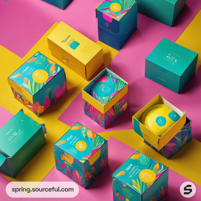 Open boxes with bright floral prints on yellow and pink.