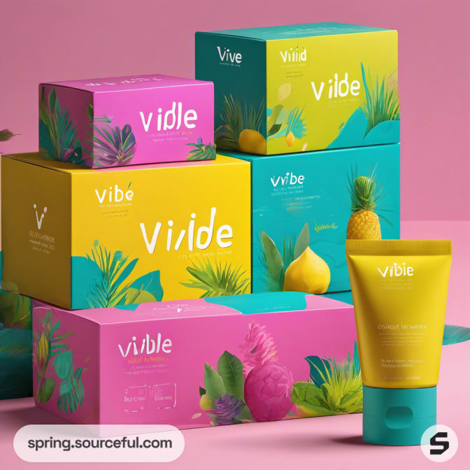 Stacked boxes with tropical images, includes a yellow tube cream.