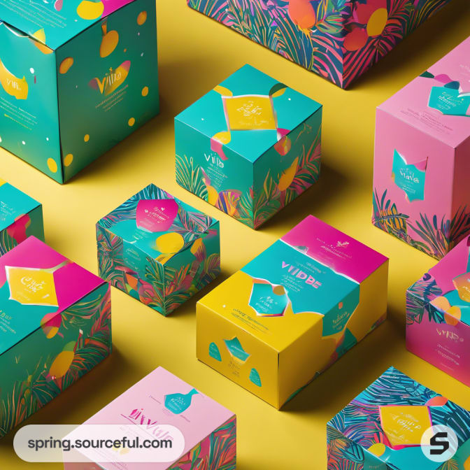 Teal and pink boxes with bold designs on a yellow surface.