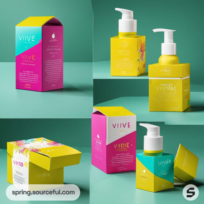 Skincare products in colorful boxes placed on a green background.