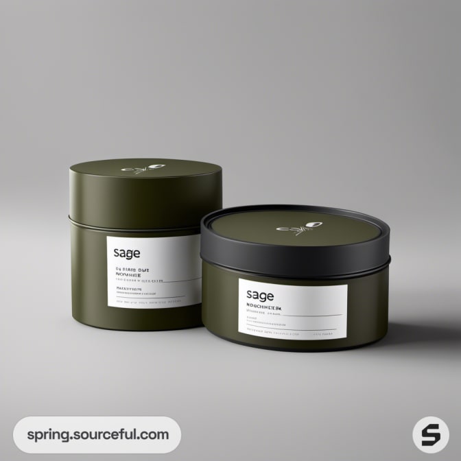 Two dark green cylindrical jars with labels.