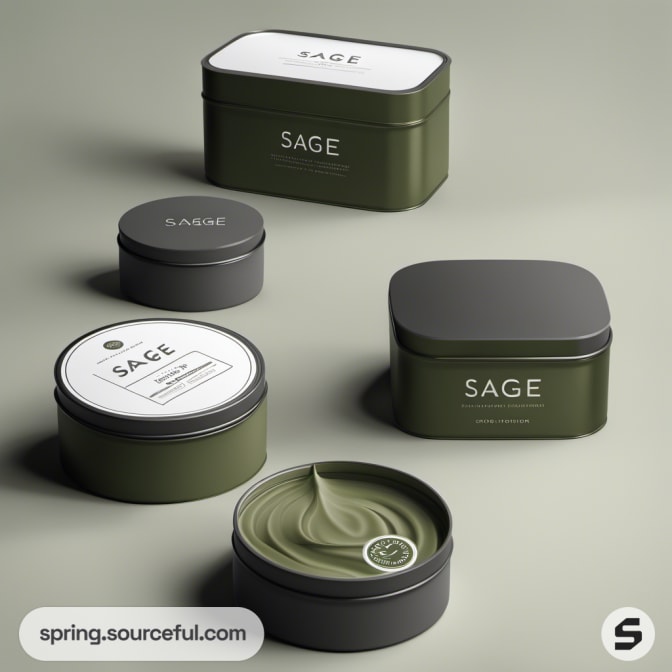 Green tins with lids, one open showing product.