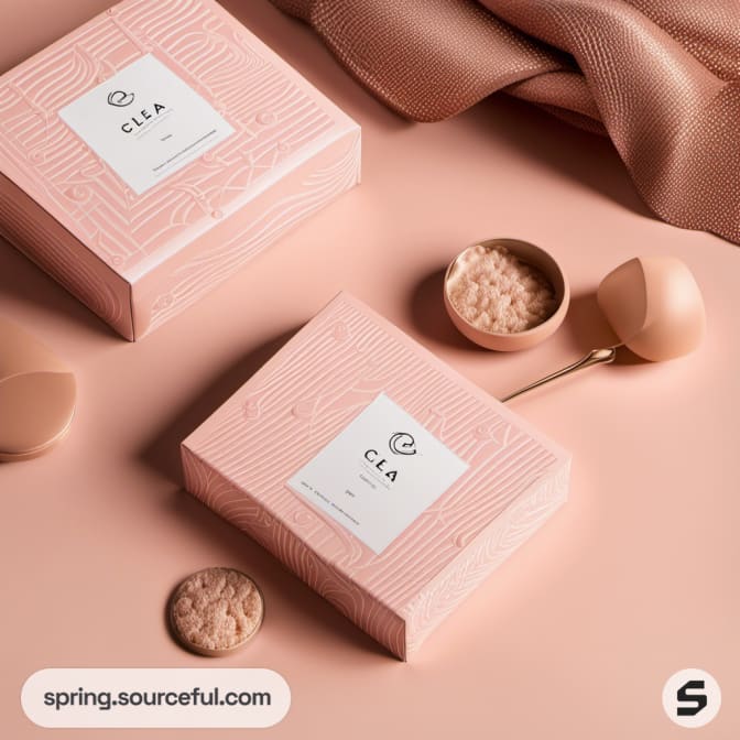 Pink textured gift boxes on peach background with cookies and cloth.