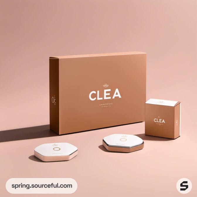 Various sized brown and white packaging on a neutral background.