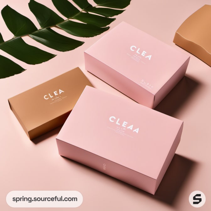 Pink and brown boxes on a pale surface with green leaf.