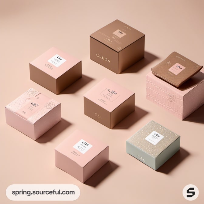 Various pink, brown, and green boxes with subtle patterns.