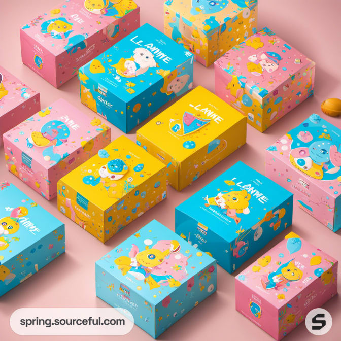 Colorful mailer boxes with cartoon designs on pink background.