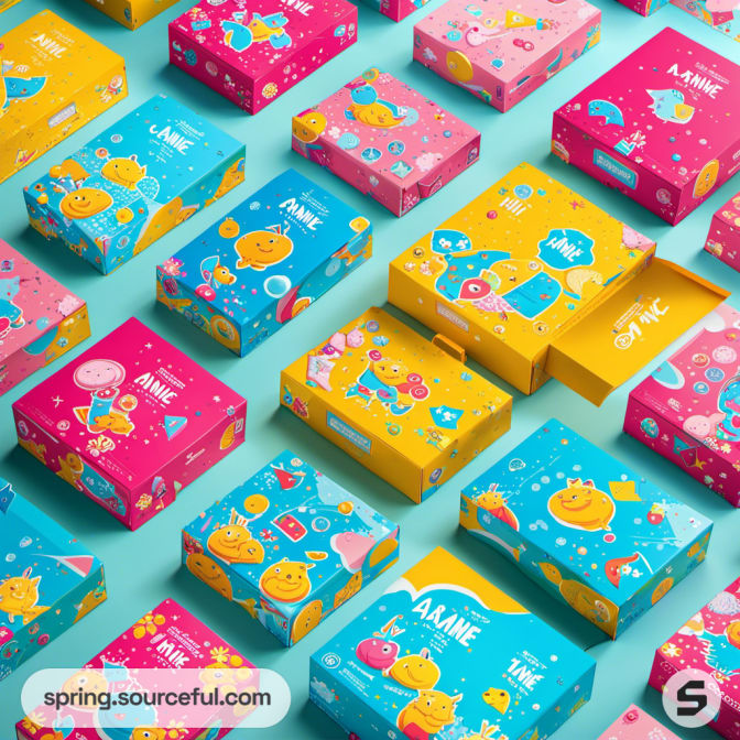 Various cartoon-themed boxes on turquoise background.